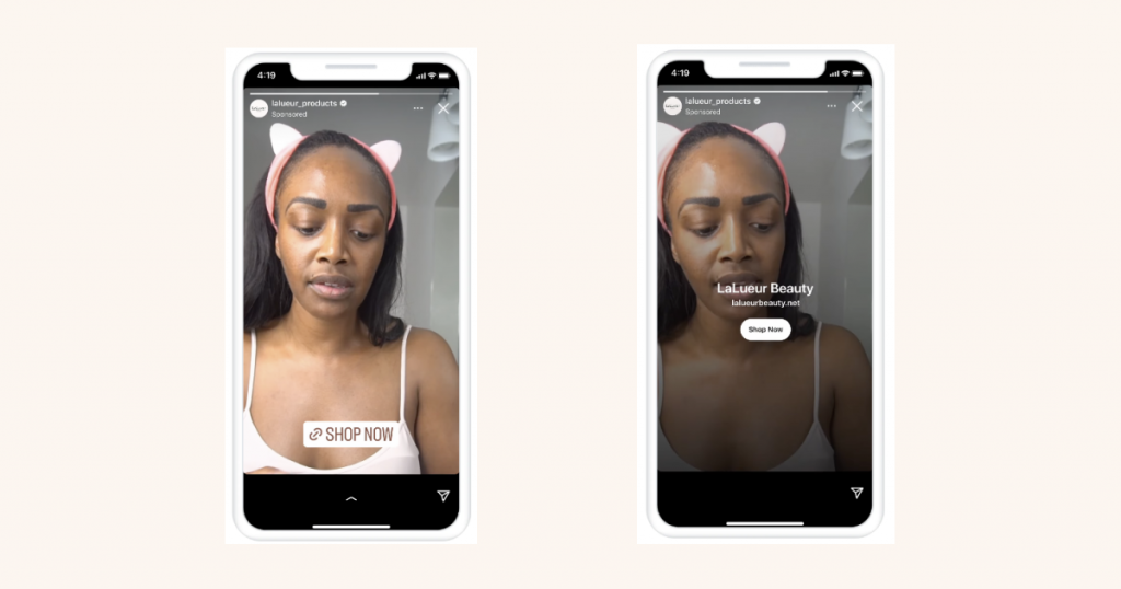 Instagramストーリーズ広告の表示例。縦型フルスクリーンで表示され、画面下部にCTAボタンが出ている